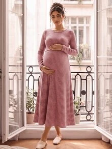 GentleRue Maternity Maternity Long Sleeve Round Neck Double Layer Top A-Line Hem Ribbed Fabric Dress Fall Homewear Breastfeeding Pink Casual Cropped - Dusty Pink - View 7