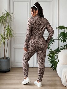 SHEIN EZwear Plus Size Women Leopard Print Inner Layer And Long Sleeve Top And Leggings Casual Daily Outfit Set - Brown - View 2