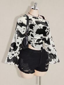 SHEIN ICON 女款大尺碼紮染印花假兩件式上衣 - 黑與白 - 查看 8