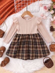 SHEIN Baby Girl Patchwork Plaid Hem Round Neck Long Sleeve Cute Dress - Khaki - View 2