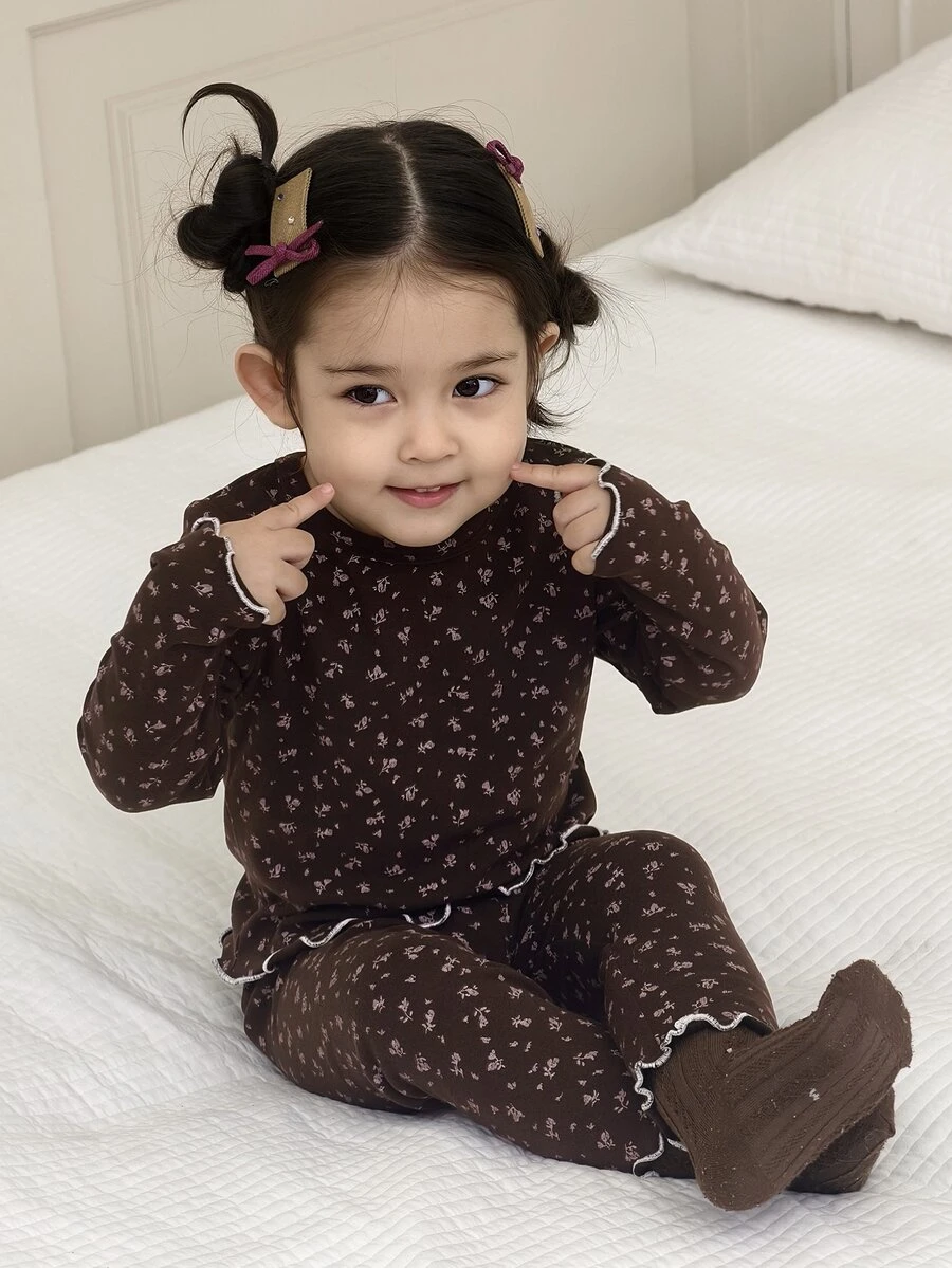 DAZY Infant/Toddler (Girl) Hooded All-Over Print Korean Style Long Sleeve 2 Pieces Loungewear Set - Coffee Brown - View 1