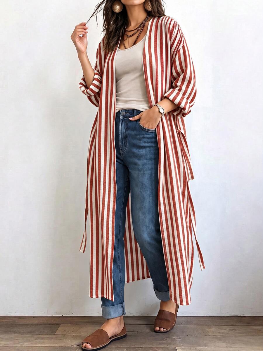 Linhara CURVE Women's Long Casual Linen Jacket, Casual Outerwear For Outings And Commuting - Red - View 1