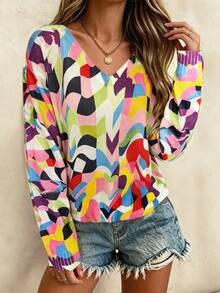 RIVANDRE Women's Geometric Pattern V-Neck Long Sleeve Casual Loose Fit Sweater - Multicolor - View 4