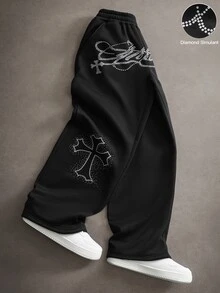 PAVTROS Men's Rhinestone Cross Pattern Pocket Wide Leg Sweatpants - Black - View 1