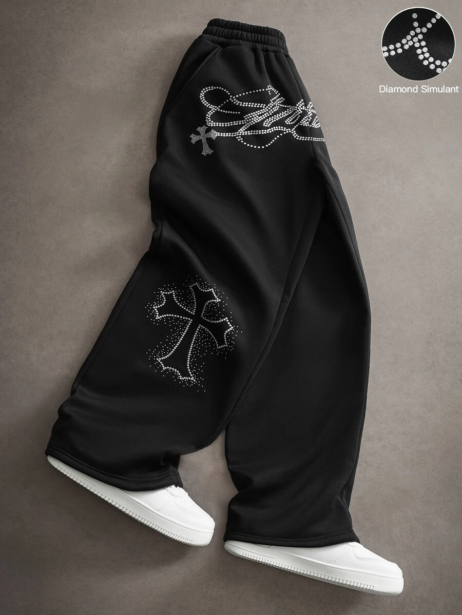 PAVTROS Men's Rhinestone Cross Pattern Pocket Wide Leg Sweatpants - Black - View 1