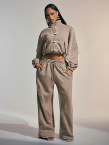 Denimoi Washed Sweatshirt Zip Front Sweats High Neck Pankou Buttons Knotted Button Loungewear Airport, Comfy Daily, Co-Ord Set - Grey - View 4