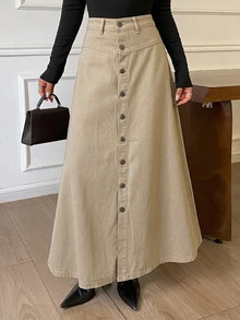 DAZY Women's Single-Breasted Decorative Long A-Line Denim Skirt, Casual Urban Style - Khaki - View 5