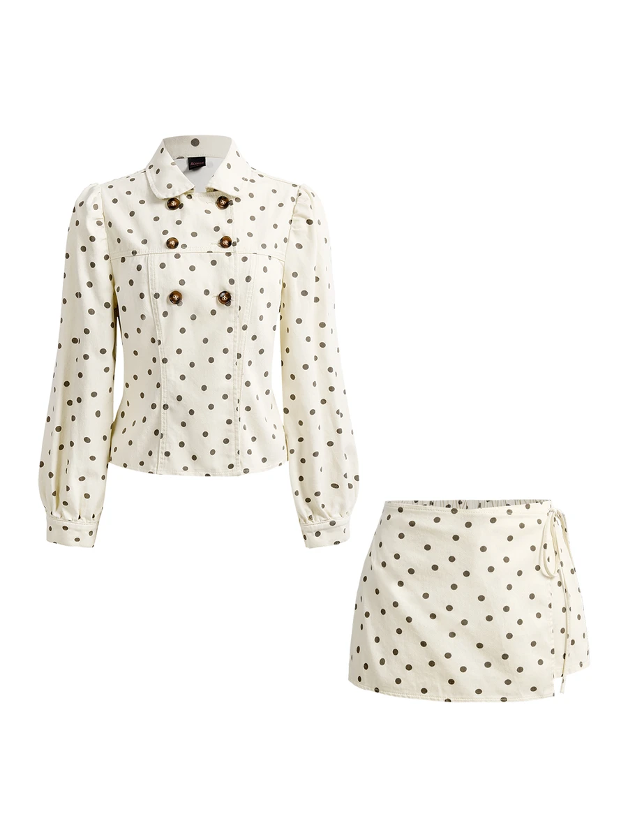 ROMWE Kawaii Women's Cute Polka Dot Denim Set - Beige - View 1