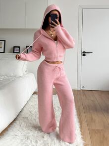 StreetHx Women's Sweet Zipper Hooded Sweater And Drawstring Waist Knit Pants Set - Pink - View 5