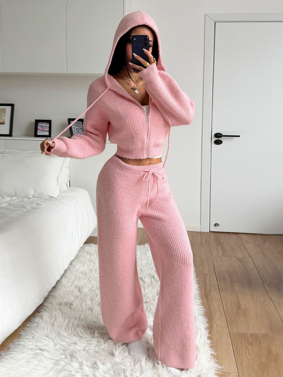 StreetHx Women's Sweet Zipper Hooded Sweater And Drawstring Waist Knit Pants Set - Pink - View 1