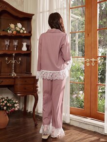 Côtesoire Set Piyama Wanita Motif Renda Patchwork Romantis Elegan Prancis - Plum Brown - View 2