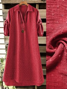SHEIN 大尺碼女款法式休閒優雅V領長袖洋裝 - 紅色 - 查看 1
