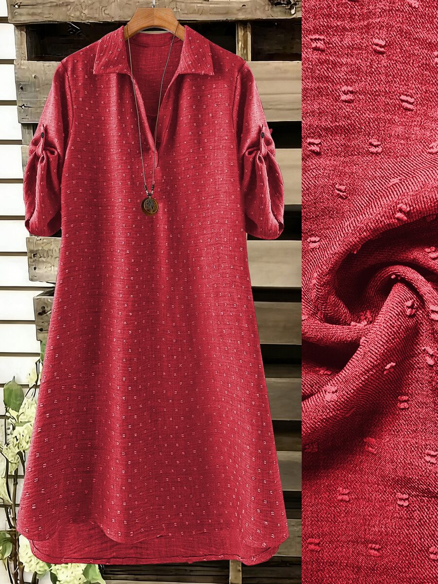 SHEIN 大尺碼女款法式休閒優雅V領長袖洋裝 - 紅色 - 查看 1