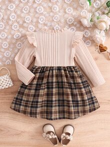 SHEIN Baby Girl Patchwork Plaid Hem Round Neck Long Sleeve Cute Dress - Khaki - View 4