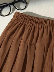 Tween Girls Brown Pleated Mini Skirt, Bow Button Decor A-Line Skirt, Sweet Preppy Style For Autumn - Rust Brown - View 6