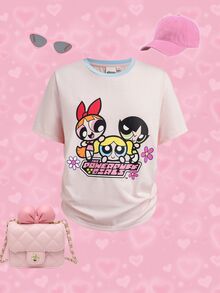 THE POWERPUFF GIRLS X SHEIN 青少年女孩卡通印花圓領短袖T恤 - 粉色 - 查看 3