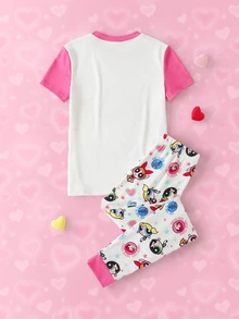 THE POWERPUFF GIRLS X SHEIN Tween Girl Cartoon Pattern Short Sleeve Top And Long Pants Casual Daily Home Sleepwear Set - Pink - View 2