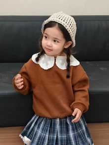Dazy Kids Spädbarn (flicka) färgblockig långärmad sweatshirt i koreansk stil för vår/höst och vinter - Kaffebrun - Visa 3