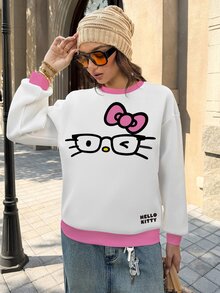 HELLO KITTY AND FRIENDS | SHEIN بلوزة رياضية نسائية بطبعة كرتونية كاجوال للاستخدام اليومي بأكمام طويلة - أبيض - مشاهدة 3