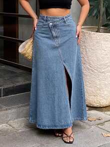 Dazy Plus Rok Denim Kasual Harian Wanita Ukuran Plus dengan Saku, Kancing, dan Desain Belahan. - Medium Wash - View 5