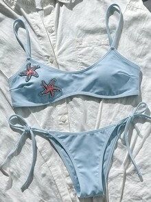 SHEIN Swim 女款夏季海灘海星性感時尚比基尼兩件式泳衣套裝 - 藍色 - 查看 3