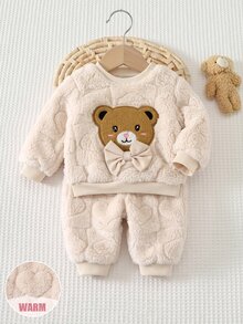 SHEIN 新生兒秋冬可愛毛茸茸卡通熊圖案運動衫套裝嬰兒 - 米色 - 查看 4