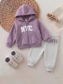 SHEIN 新生兒嬰兒貼布繡拉鍊連帽外套與束口長褲套裝 - 紫色 - 查看 4
