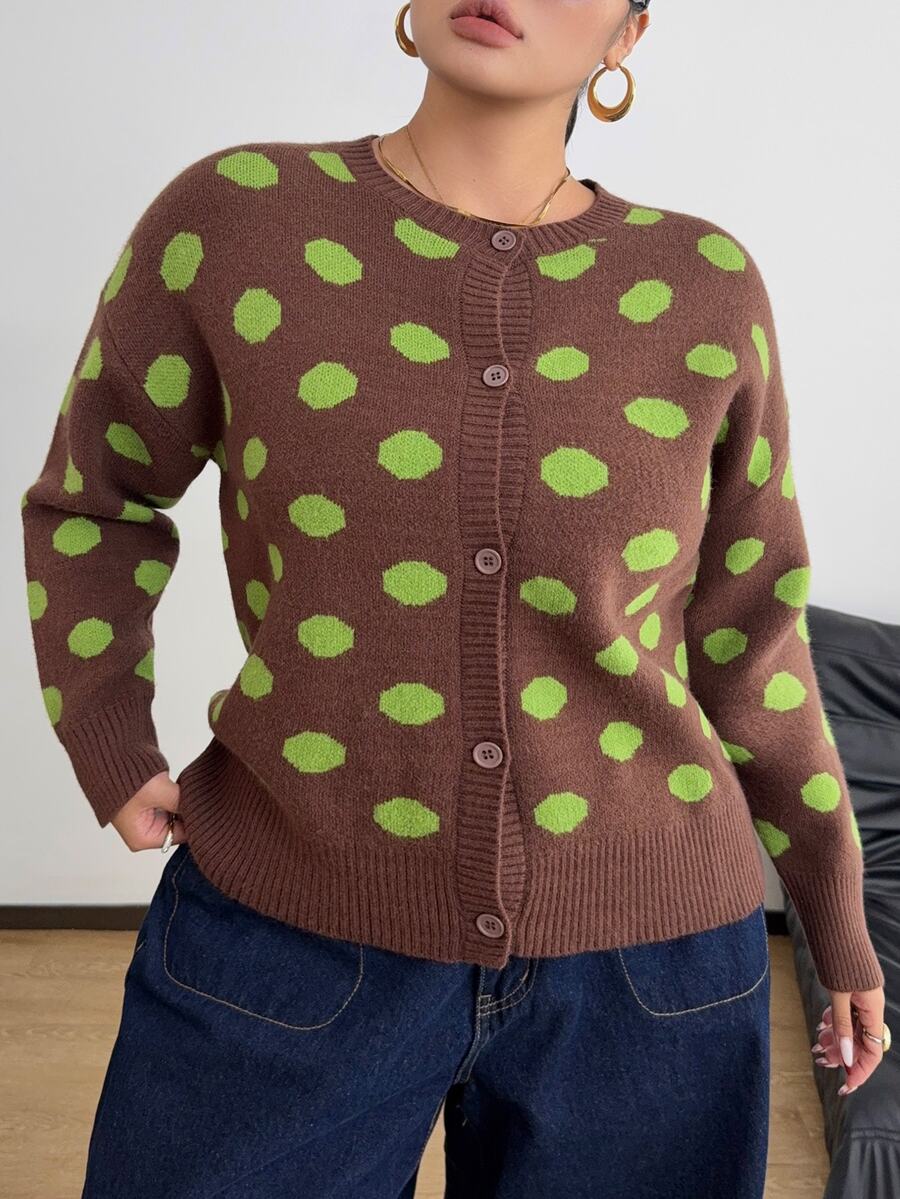 Flirla Plus Size Women's Polka Dot Pattern Long Sleeve Single-Breasted Knit Cardigan Winter - Multicolor - View 1