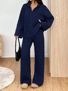 SHEIN EZwear 女款休閒深藍色拉鍊半開領落肩長袖針織上衣與針織長褲兩件套，秋冬款 - 藏蓝色 - 查看 1