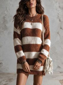 Solivie Women's Autumn/Winter Mink Fur Dress, Camel Color Striped - Camel - View 6