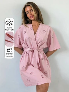 Livesso 夏季度假鏤空刺繡花卉圖案寬鬆女款睡裙 - 粉色 - 查看 1