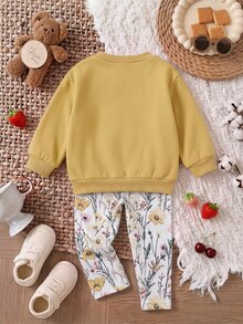 SHEIN 女嬰加厚抓絨套頭秋季衛衣，可愛鴨子刺繡圖案，百搭花朵彈性印花內搭褲套裝，適合冬季 - 黃色 - 查看 2