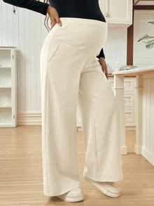 SHEIN Maternity Solid Color Adjustable Waist Casual Daily Long Pants - Apricot - View 5