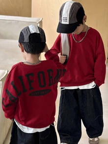 SHEIN Little Byeori 1件青少年男孩休閒學院風舒適時尚極簡街頭風寬鬆版實用百搭大字母圖案厚款衛衣，適合日常穿著、上學、旅行、運動，秋冬款 - 紅色 - 查看 5