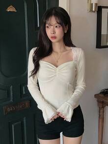 DAZY Contrast Lace Fitted Long Sleeve Square Neck Elegant Casual Vacation Korean Style Spring Autumn Women's T-Shirt - White - View 8