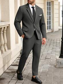 Manfinity Mode Men's Plus Size Business Style Lapel Blazer And Trousers Set - Grey - View 4