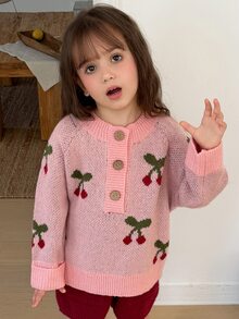 Dazy Kids 女童櫻桃圖案鈕扣半開襟長袖休閒針織衫 - 粉色 - 查看 6