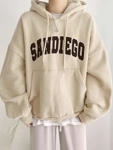 DAZY Women's Letter Print Drop Shoulder Long Sleeve Pocket Drawstring Hooded Regular Fit Sweatshirt - Apricot - View 1