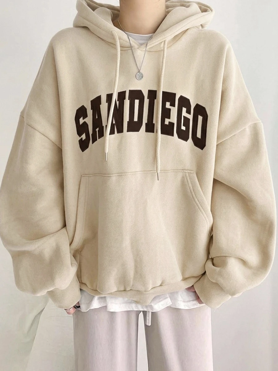 DAZY Women's Letter Print Drop Shoulder Long Sleeve Pocket Drawstring Hooded Regular Fit Sweatshirt - Apricot - View 1