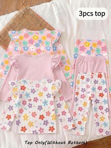 3件組女嬰花卉印花荷葉袖可愛上衣 - 白色 - 查看 2