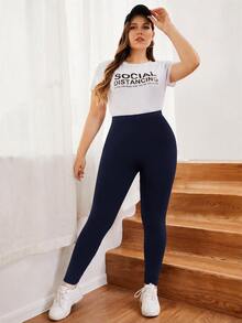 SHEIN EZwear 秋冬休閒深藍色大尺碼緊身褲 - 藏蓝色 - 查看 4