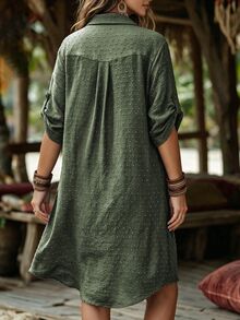 SHEIN 大尺碼女款法式休閒優雅V領長袖洋裝 - 軍綠色 - 查看 7