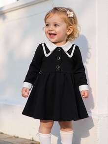 SHEIN Baby GirlAcademy Style Black & White Long Sleeve Collared Dress - Black - View 1