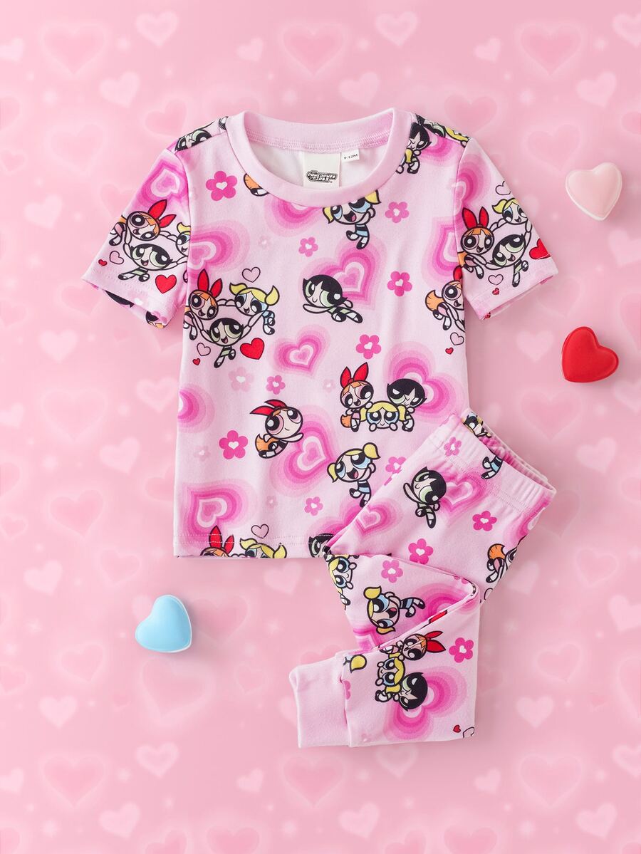 THE POWERPUFF GIRLS X SHEIN 女嬰卡通圖案短袖上衣與長褲休閒日常居家睡衣套裝 - 粉色 - 查看 1