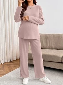 SHEIN 孕婦純色圓領長袖T恤與可調節腰圍長褲休閒兩件套 - 粉色 - 查看 6