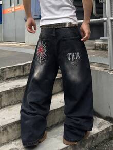 Manfinity EMRG 男士蜘蛛與哥德字母印花寬鬆寬腿牛仔褲，Y2K嘻哈街頭風丹寧長褲 - 黑色 - 查看 3