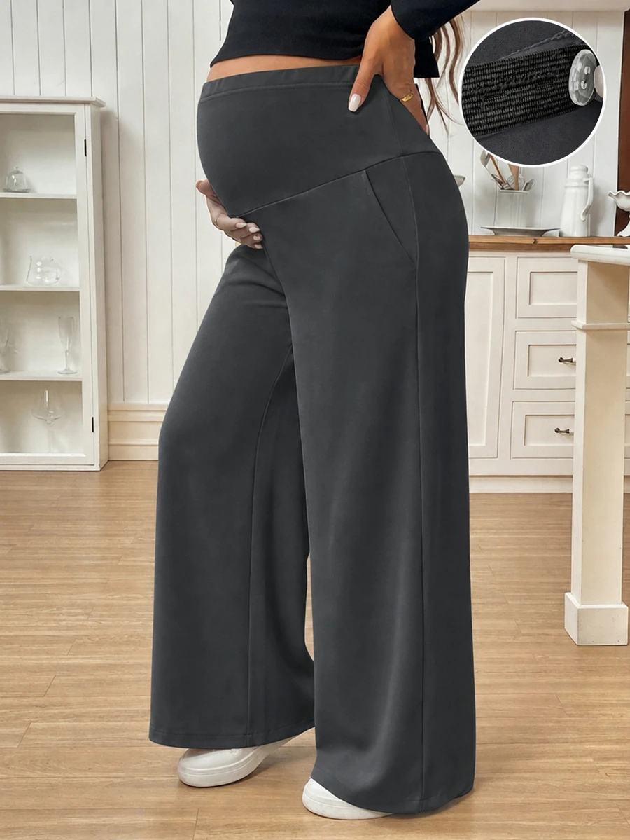 SHEIN 孕婦純色可調腰寬腿寬鬆休閒長褲 - 深灰色 - 查看 1