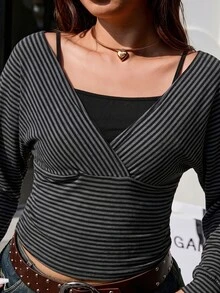 Muchica Plus Size Women's Striped Long Sleeve Casual Layered Look T-Shirt - Black - View 5