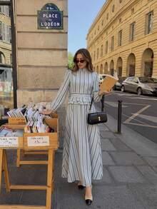 SHEIN Frenchy فستان نسائي موضة الشارع مخطط بحافة مكشكشة - الأزرق - مشاهدة 4