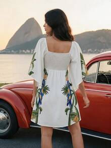 CAJUNI Short-Sleeve Dress With Tropical Macaw And Toucan Print - Multicolor - View 2